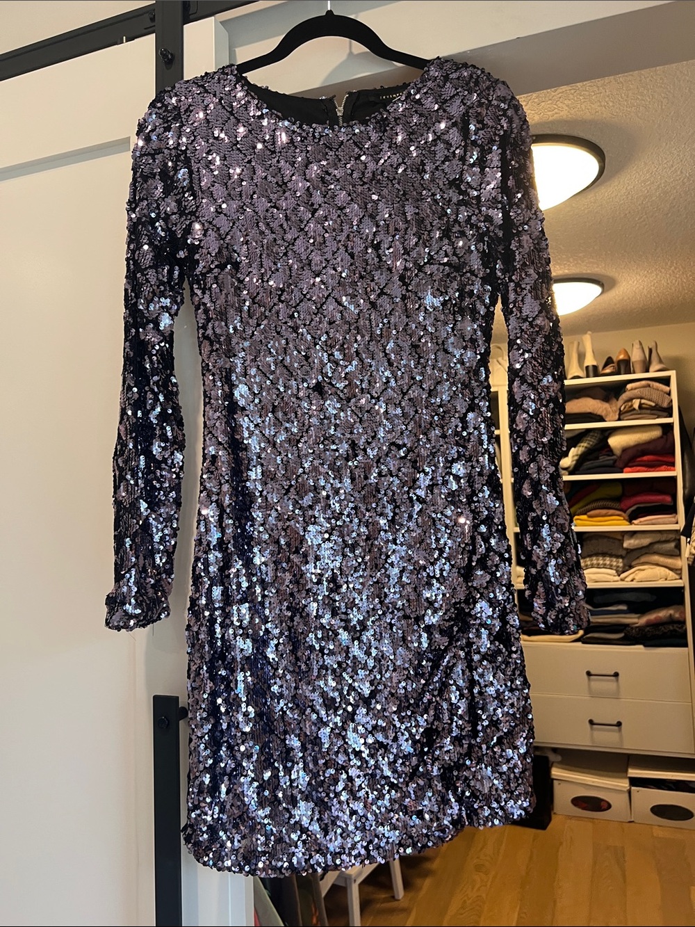 Sequin Long-Sleeve Cocktail Dress - Midnight Purple NWT lined and cuts mid thigh